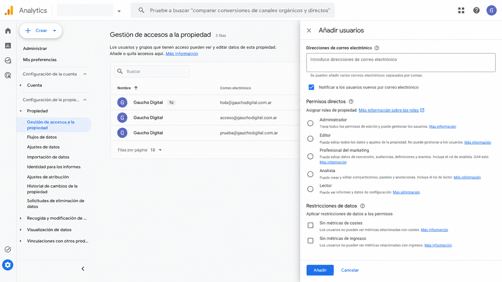 Form to add a new user and assign roles and data restrictions in Google Analytics 4