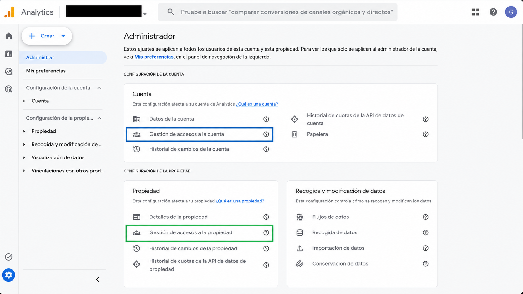Google Analytics 4 Admin panel with the Account settings and Property settings blocks